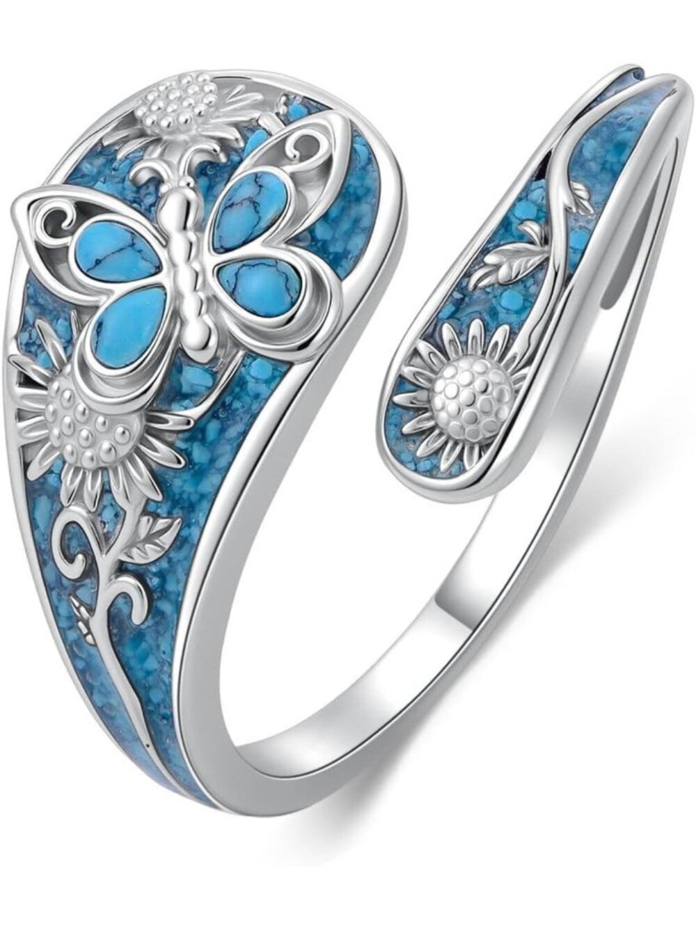 925 Sterling Silver Turquoise Spoon Ring - Vintage Boho Floral Thumb Jewelry